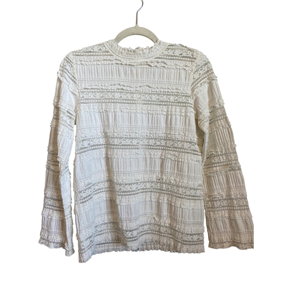 by TiMo White Lace Pleated High Neck Long Sleeve Blouse Top Small Romantic Boho